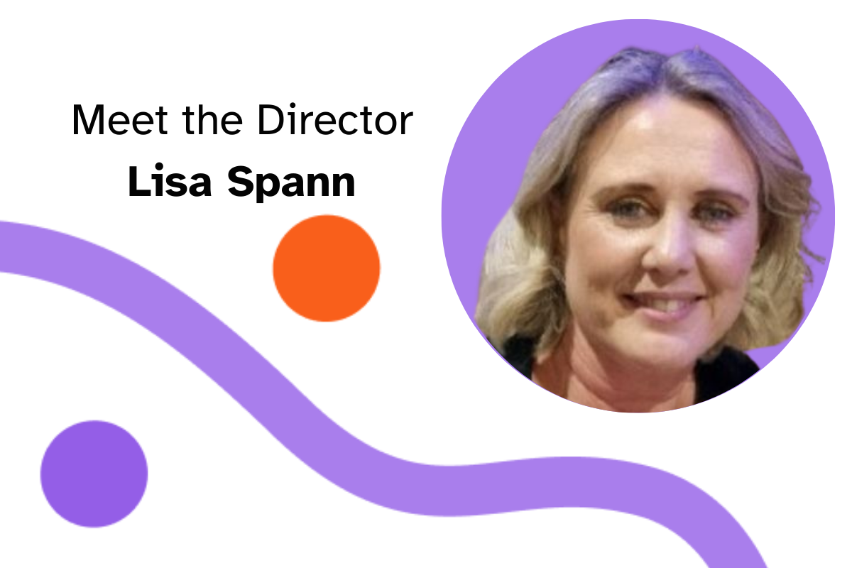 Photo of Lisa Spann floats inside a purple circle with Never Grey branding.